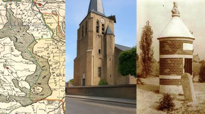 2025-09-11-Kroonjaar_voor_Meijel Van links naar rechts | Kaart van de peel in de 17e eeuw, middeleeuwse kerktoren van Meijel, de zeer oude Willibrordusput