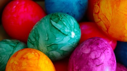 Close-up of colored eggs, preparations for Easter.